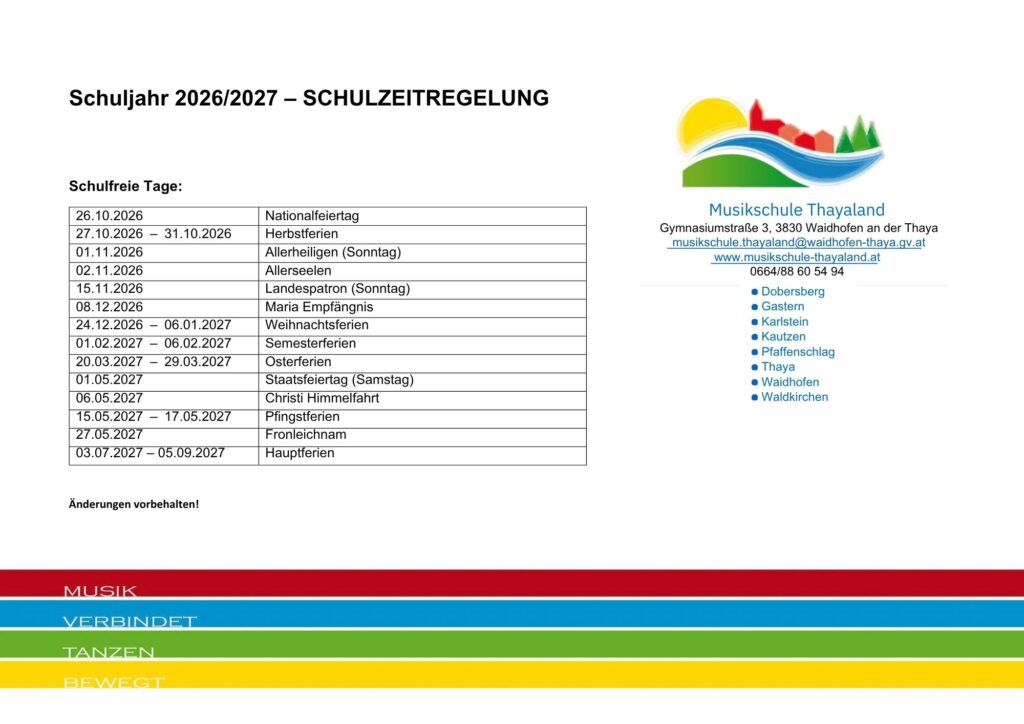 Auflistung schulfreie Tage 2026/27